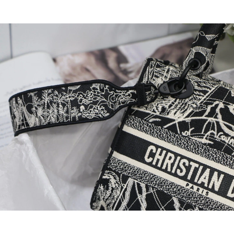 24 x 20 x Christian Dior Medium Lady D-Lite Bag Black and White Around the World Embroidery - Image 9