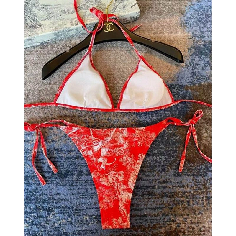 Dior Bikini Women Toile De Jouy with Bee CD Motif Lycra Red NewStyle 2175 - Image 3