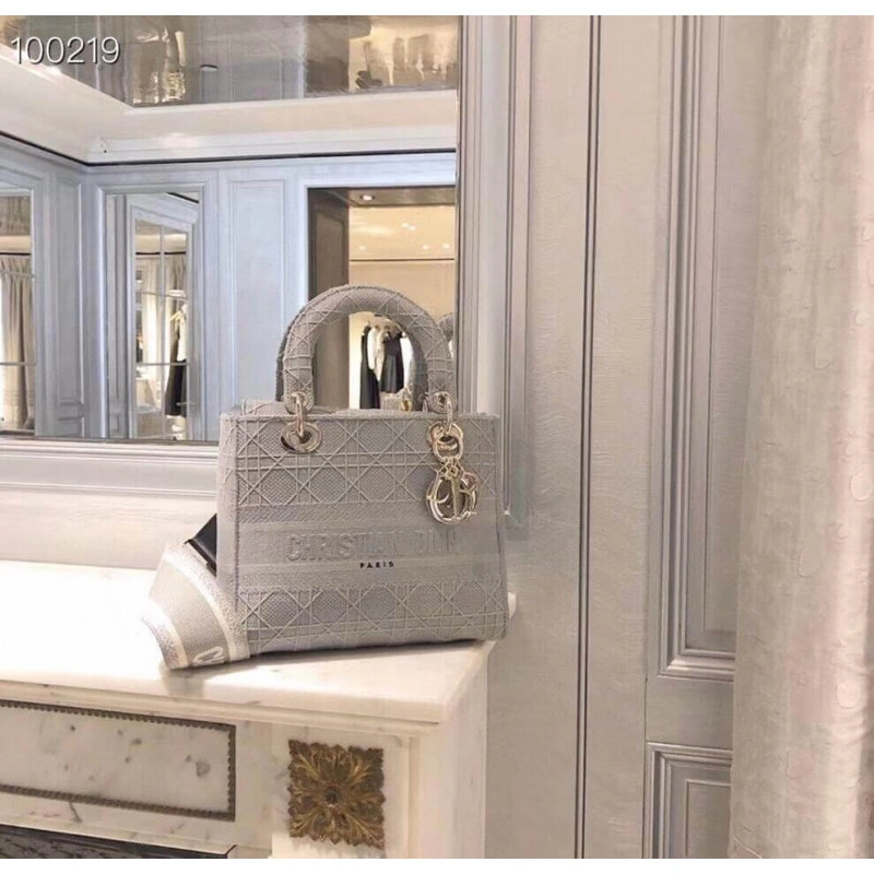 Beige Can Dior Medium Lady D-Lite Bag Gray Cannage Embroidered - Image 7