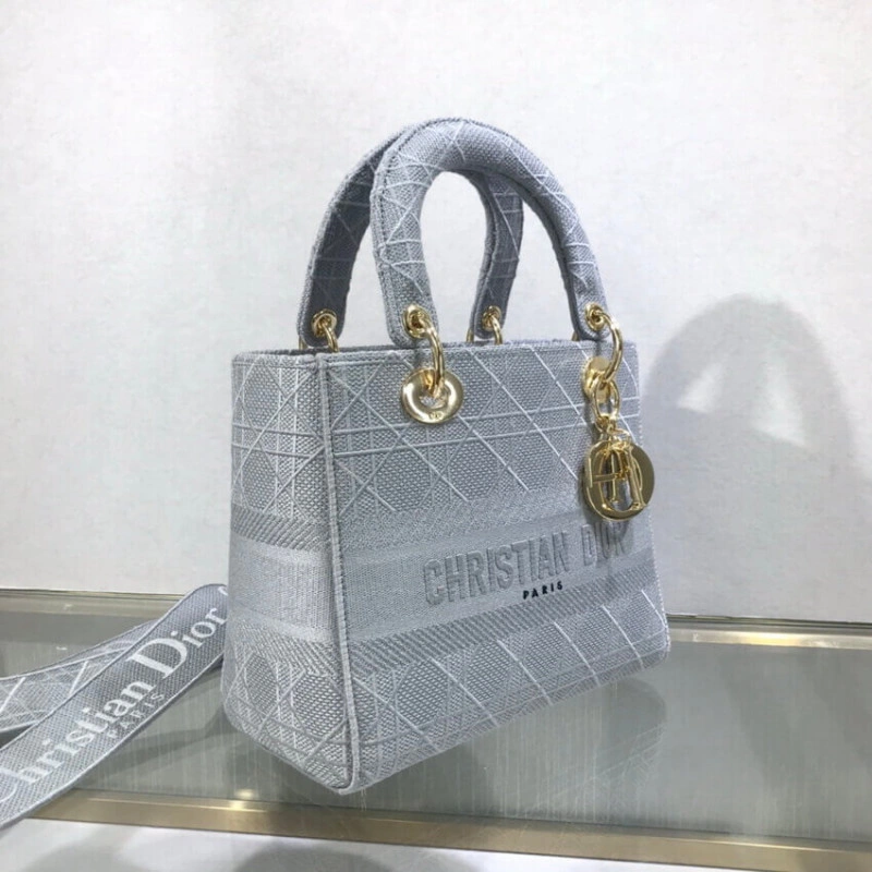 Beige Can Dior Medium Lady D-Lite Bag Gray Cannage Embroidered - Image 12