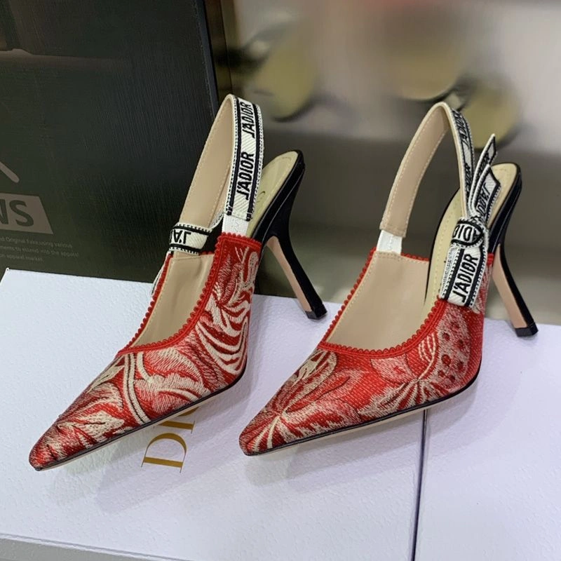 Fashionable 5991 J'Adior Slingback Pumps Women Brocart Motif Canvas Red - Image 3