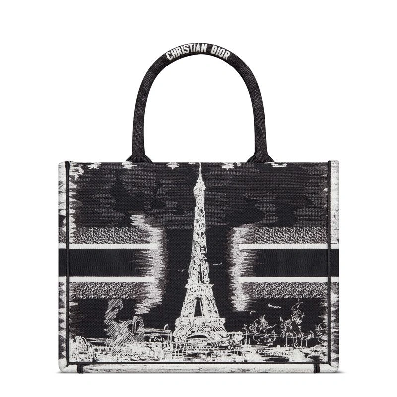 Fashionable 9800 Dior Book Tote In Paris Eiffel Tower Motif Canvas Black - Image 3