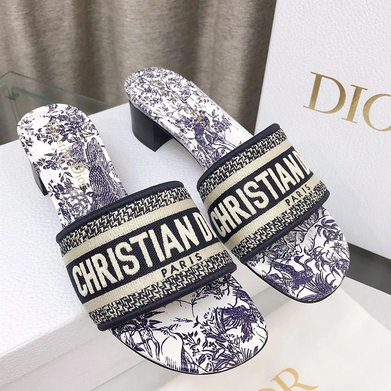 Popular 9210 Christian Dior Dway Slides Women Jardin d'Hiver Motif Canvas Blue - Image 3