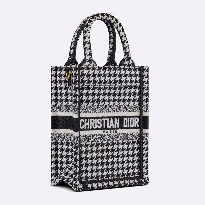 UrbanStyle 5268 Mini Vertical Dior Book Tote with Strap In Macro Houndstooth Motif Canvas Black - Image 3