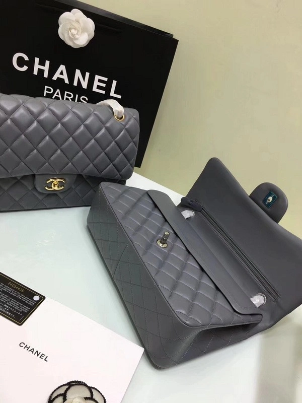 Fashionable CHANEL 1112 Grey Large Size 30cm Lambskin Leather Flap Bag With Gold Silver Hardware 841 - Image 6