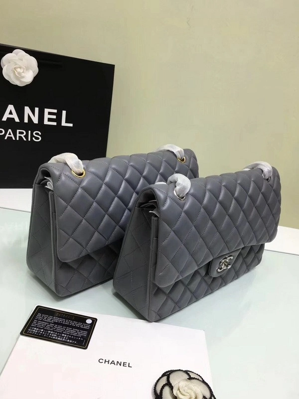 Fashionable CHANEL 1112 Grey Large Size 30cm Lambskin Leather Flap Bag With Gold Silver Hardware 841 - Image 7