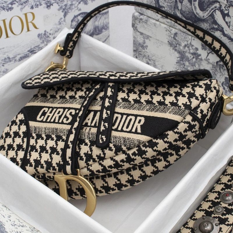 Christian Dior Saddle Bag Houndstooth Motif Canvas Black - Image 3