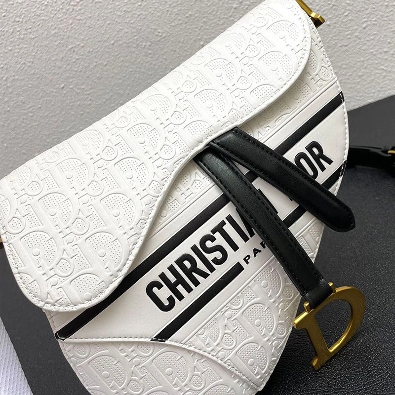 Christian Dior Saddle Bag Oblique Embossed Calfskin White Black - Image 5