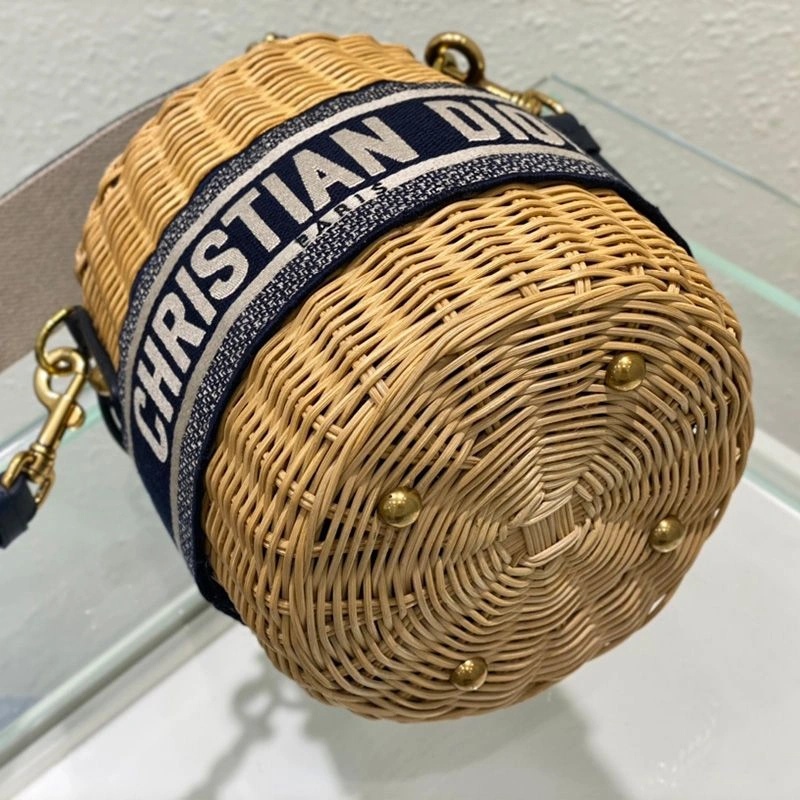 Dior Bucket Bag Wicker and Oblique Motif Canvas Blue - Image 4