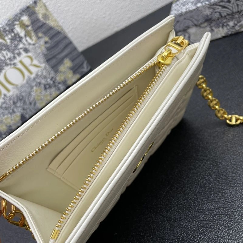 Dior Caro Zipped Pouch with Chain Cannage Calfskin White - Image 5