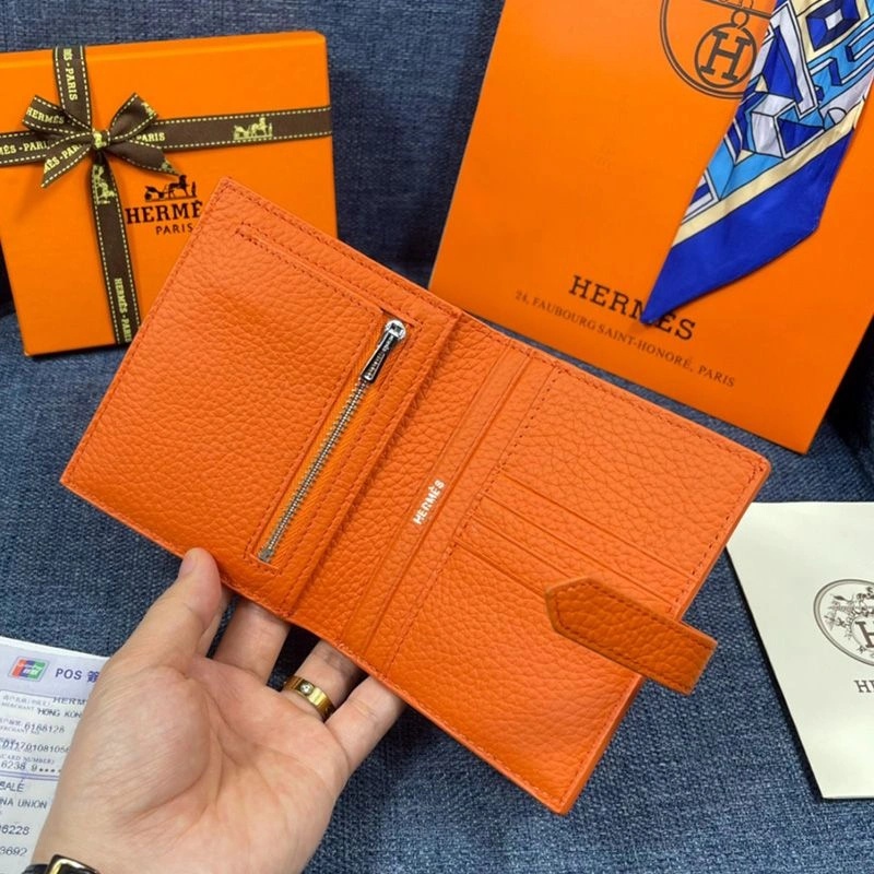Hermes Bearn Compact Wallet Togo Leather Palladium Hardware In Orange - Image 3