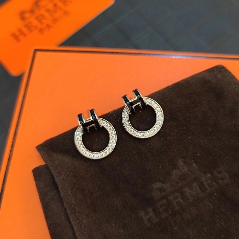 Hermes Enamel H Round Earrings With Crystal - Image 3