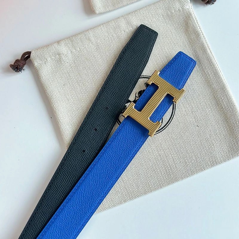 Hermes Punache Buckle 32 Reversible Belt Leather In Blue Black - Image 4