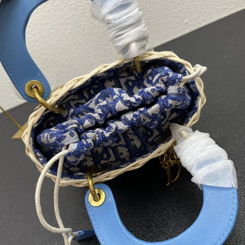 Small Lady Dior Bag Wicker and Oblique Motif Canvas Light Blue - Image 4