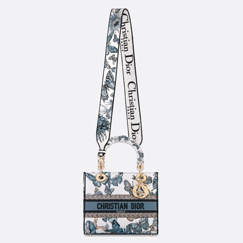 Medium Lady D-lite Bag Toile de Jouy Mexico Motif Canvas White Blue - Image 5