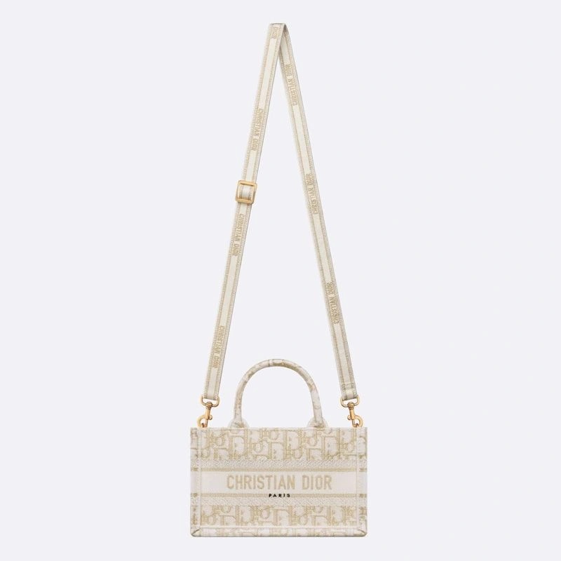 Mini Dior Book Tote with Strap Oblique Motif Canvas White Gold - Image 5